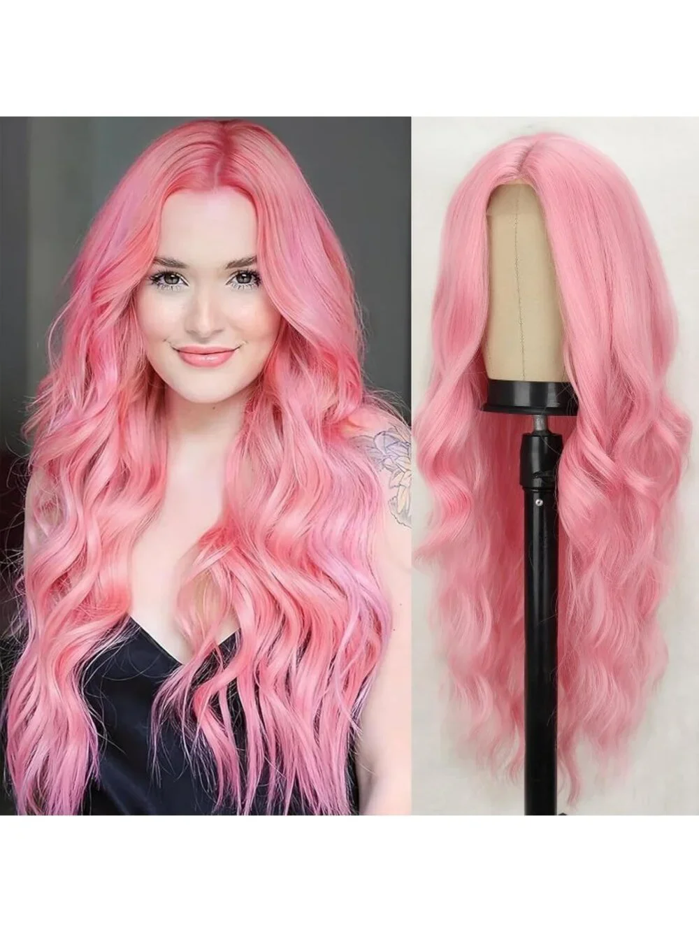 Women's Pink 26 Inch Natural Synthetic Modern Long Curly Wavy Fiber Wigs